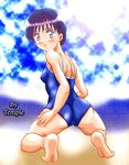  ass blue_eyes blush breasts covered_nipples kitahara_anju looking_back marmalade_boy one-piece_swimsuit purple_hair short_hair small_breasts solo swimsuit temple_(artist) 