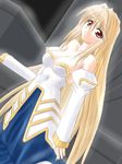  archetype_earth arcueid_brunestud bare_shoulders blonde_hair breasts cleavage dress hemoryun large_breasts long_hair red_eyes solo strapless strapless_dress tsukihime 