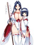  2girls black_eyes black_hair blush breasts cleavage headband huge_breasts japanese_clothes leotard long_hair looking_at_viewer miko multiple_girls original red_eyes smash_daisaku thighhighs 