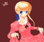  artoria_pendragon_(all) blonde_hair blue_bow blue_eyes blush_stickers bow checkered checkered_background closed_mouth clothes_grab dress english fate/stay_night fate_(series) hair_bow light_smile long_sleeves looking_at_viewer low_ponytail mutsutake pink_dress ponytail puffy_long_sleeves puffy_sleeves saber sidelocks simple_background solo 