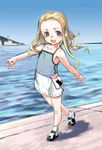  :d bare_shoulders blonde_hair blue_sky blush brown_hair day full_body horizon looking_at_viewer ocean open_mouth original outdoors outstretched_arms shirt shore short_hair shorts sky sleeveless sleeveless_shirt smile socks sody solo walking water white_legwear 