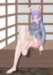  1girl absurdres animal_ears barefoot bunny_ears cookie_(touhou) feet highres hisui_(cookie) lavender_hair legs_crossed long_hair looking_at_viewer parted_lips pov red_eyes reisen_udongein_inaba sitting soles toes touhou 