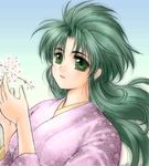  cherry_blossoms flower green_eyes green_hair japanese_clothes jochuu-san kimono long_hair long_sleeves lowres oekaki original solo upper_body yagisaka_seto 
