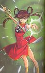  90s brown_hair china_dress chinese_clothes dress highres mamono_hunter_youko mano_youko miyao_gaku solo sword weapon 