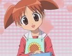  animated animated_gif apron azumanga_daiou brown_eyes cooking floral_print flower frying_pan lowres mihama_chiyo open_mouth orange_hair print_apron school_uniform screencap short_twintails solo sunflower sunflower_print twintails upper_body 