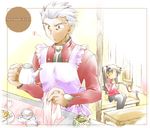 1girl apron archer artist_request blush_stickers brown_hair cookie couch creamer_(vessel) cup dark_skin dark_skinned_male eighth_note fate/stay_night fate_(series) food indoors long_sleeves musical_note napkin short_hair silver_hair sitting sleepy spoken_musical_note table teacup teapot thighhighs toosaka_rin twintails yawning 