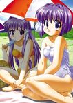  barefoot beach bikini blue_eyes clannad food fujibayashi_kyou fujibayashi_ryou long_hair multiple_girls nal_(studio_ng) popsicle purple_eyes purple_hair short_hair siblings swimsuit twins umbrella 