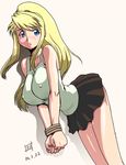  bdsm blonde_hair blue_eyes bondage bound bound_wrists breasts covered_nipples fullmetal_alchemist huge_breasts long_hair miniskirt nakami_yoshikage ponytail rope skirt solo sweat tank_top winry_rockbell 