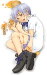 :d androgynous artist_request bisuke-tan blue_hair blue_panties blush fetal_position food food_on_head full_body kfc lying object_on_head on_side open_mouth orange_eyes panties panty_pull shirt short_hair short_sleeves simple_background smile solo underwear white_background white_shirt 