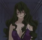  angry breasts cleavage curly_hair dominura dress green_hair lipstick long_hair makeup pink_eyes purple_dress red_lipstick screencap simoun solo stitched third-party_edit 