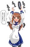  apron arms_up asahina_mikuru blush brown_hair dress instrument jyura long_hair long_sleeves maid maid_headdress open_mouth pantyhose solo suzumiya_haruhi_no_yuuutsu tambourine translated turtleneck waitress yellow_eyes 