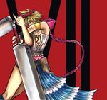  artist_request buster_sword closed_eyes cloud_strife cosplay crossdressing dual_wielding final_fantasy final_fantasy_vii final_fantasy_x final_fantasy_x-2 holding male_focus manly parody red_background showgirl_skirt solo sword weapon what yuna_(ff10) yuna_(ff10)_(cosplay) 