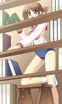  blue_eyes blush book bookshelf bow bowtie brown_hair buruma eyebrows eyebrows_visible_through_hair folded_ponytail holding holding_book kneehighs kneeling komaki_manaka long_sleeves looking_at_viewer masakichi_(crossroad) open_mouth school_uniform solo sportswear to_heart_2 white_legwear 