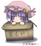  :&lt; box cardboard_box chibi hat in_box in_container izumi_yukiru long_hair lowres patchouli_knowledge purple_eyes purple_hair shoujo_kitou-chuu solo touhou translated 