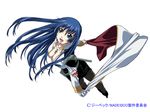  90s :d blue_eyes blue_hair breasts cape cleavage gloves gotou_keiji jewelry kidou_senkan_nadesico large_breasts long_hair long_sleeves misumaru_yurika necklace open_mouth pantyhose skirt smile solo uniform 