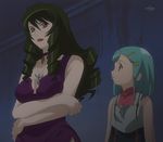  aqua_hair braid choker crossed_arms dominura drill_hair green_hair hair_ornament hairclip jewelry lipstick long_hair makeup multiple_girls necklace purple_eyes red_lipstick rimone screencap short_hair simoun sleeveless stitched third-party_edit 