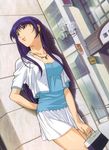  bag blue_hair casual earrings handbag jewelry jpeg_artifacts kidou_senkan_nadesico lipstick long_hair makeup misumaru_yurika necklace official_art scan skirt solo yamaoka_shin'ichi 