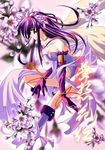  angel bare_shoulders boots cherry_blossoms choker copyright_request elbow_gloves flower gloves long_hair purple_hair solo wings yukirin 