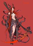  anima armor breasts claws demon_girl gloves hook horns long_hair medium_breasts open_clothes open_shirt pointy_ears red_eyes red_hair scythe shirt solo tail weapon wen-m 