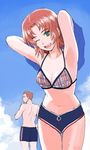  1girl alessandro_ricci arms_up bikini cloud day green_eyes gunslinger_girl one_eye_closed petrushka red_hair sky swimsuit yu_65026 