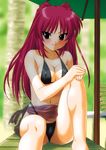  bikini black_sarong blush breasts brown_eyes cleavage kousaka_tamaki long_hair medium_breasts nal_(studio_ng) oriental_umbrella red_hair sarong sitting solo swimsuit to_heart_2 translucent_sarong umbrella 