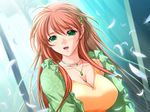  akibakei_kanojo aoi_ren breasts cleavage feathers game_cg green_eyes hair_ornament hairclip huge_breasts jewelry long_hair long_sleeves necklace orange_hair sano_toshihide solo 