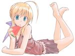  :o ahoge artoria_pendragon_(all) barefoot blonde_hair blue_eyes braid casual dorago duplicate eating fate/stay_night fate_(series) feet food fruit full_body hair_bun hair_ribbon holding holding_food holding_fruit lying on_stomach open_mouth ribbon saber simple_background skirt solo toes watermelon white_background 