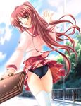  akino_shin back bag black_panties blouse blush brown_eyes kousaka_tamaki long_hair long_sleeves looking_back miniskirt panties pleated_skirt red_hair school_bag school_uniform serafuku skirt smile solo thighhighs to_heart_2 underwear walking white_legwear wind wind_lift 