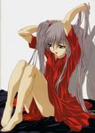  90s barefoot bed feet gotou_keiji hoshino_ruri kidou_senkan_nadesico kidou_senkan_nadesico_-_prince_of_darkness lipstick long_sleeves makeup red_skirt skirt solo thighs twintails 