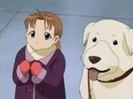  alexander_(fma) blue_eyes braid brown_hair coat collar dog fullmetal_alchemist gloves leash long_sleeves nina_tucker screencap solo 