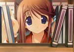  :o amazuyu_tatsuki blue_eyes blush book bookshelf brown_hair folded_ponytail highres indoors komaki_manaka library looking_at_viewer parted_lips short_hair solo to_heart_2 