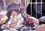  bed kao_no_nai_tsuki kuraki_suzuna long_sleeves lowres moon ribbon skirt solo sugiyama_genshou thighhighs 