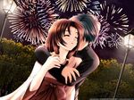  1girl aerial_fireworks couple fireworks game_cg hetero hug japanese_clothes long_sleeves masaharu miko sakakibara_kukuri tokidoki_sugar 