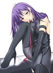  bdsm big_wednesday black_gloves boots dominatrix elbow_gloves fate/stay_night fate_(series) gloves high_heels latex leather long_hair matou_sakura mouth_hold necktie pantyhose purple_eyes purple_hair ribbon ribbon_in_mouth shoes solo thigh_boots thighhighs 