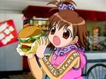  :o brown_eyes brown_hair food food_wrapper hamburger long_sleeves onegai_my_melody screencap solo yumeno_koto 