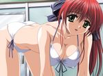  all_fours bikini blush breasts chiba_chinatsu cleavage covered_nipples green_eyes large_breasts long_hair looking_at_viewer love_love_teatime open_mouth red_hair side-tie_bikini solo swimsuit white_bikini yamagami_ikue 