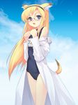  animal_ears black_school_swimsuit blonde_hair blue_eyes copyright_request dasoku_sentarou fang fox_ears glasses hairband labcoat long_sleeves no_pants one-piece_swimsuit open_clothes school_swimsuit solo swimsuit swimsuit_under_clothes tail 