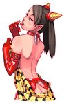  animal_print back beans butt_crack collar copyright_request demon_girl earrings gloves horns jewelry maruta_kentarou oni pointy_ears red_gloves red_leather red_oni solo tiger_print tongue twintails 