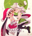  +_+ 2girls :d aori_(splatoon) bare_shoulders black_footwear black_hair black_legwear breasts chichi_band christmas christmas_ornaments cleavage cousins detached_collar domino_mask dress earrings fangs fur-trimmed_dress gloves gradient_hair green_dress green_hair green_hat hair_rings hand_holding hat hotaru_(splatoon) jewelry long_hair looking_at_another mask medium_breasts mole mole_under_eye multicolored_hair multiple_girls open_mouth pantyhose pink_dress pink_hair pink_hat pointy_ears pom_pom_(clothes) santa_hat short_hair silver_hair small_breasts smile splatoon splatoon_(series) splatoon_1 strapless strapless_dress suction_cups symbol-shaped_pupils teeth tentacle_hair two-tone_hair very_long_hair white_gloves white_legwear yellow_eyes 