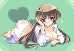  ass barefoot blush breasts brown_hair cleavage copyright_request dress_shirt glasses large_breasts long_hair long_sleeves lying no_bra on_stomach open_clothes open_shirt panties red_eyes shirt sikorsky soles solo underwear white_panties 