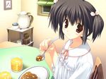  black_hair curry eating food long_sleeves mitsumi_misato red_eyes solo table to_heart_2 twintails yuzuhara_konomi 