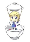  artist_request artoria_pendragon_(all) blonde_hair blouse bowl chibi emiya_shirou fate/stay_night fate_(series) food food_on_face in_bowl in_container long_sleeves lowres saber sazae-san solo 