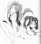  90s aa_megami-sama all_fours bangle barefoot belldandy bracelet casual_one-piece_swimsuit crease earrings facial_mark feet forehead_mark fujishima_kousuke greyscale jewelry long_hair looking_back monochrome multiple_girls one-piece_swimsuit peorth peorth_(child) ponytail ring scan sitting smile swimsuit top-down_bottom-up wariza 