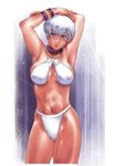  armpits arms_up breasts covered_nipples dark_skin elena_(street_fighter) jewelry large_breasts mine_(artist) muscle neck_ring short_hair silver_eyes solo street_fighter street_fighter_iii_(series) white_hair 