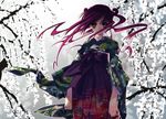  888 copyright_request double_bun japanese_clothes kimono long_hair long_sleeves pink_hair solo standing tree wind 