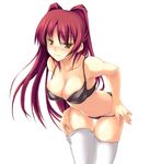  black_bra black_panties blush bra breasts brown_eyes cleavage kousaka_tamaki large_breasts leaning_forward lingerie long_hair panties panty_pull red_hair soba_(saz) solo thigh_gap thighhighs to_heart_2 underwear underwear_only undressing white_legwear 