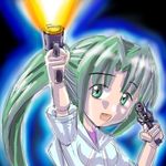  :d artist_request dual_wielding firing green_eyes green_hair gun gundou_musashi handgun higurashi_no_naku_koro_ni holding holding_gun holding_weapon lowres open_mouth short_sleeves smile solo sonozaki_mion upper_body weapon 