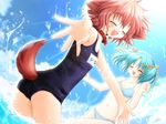  :d ^_^ animal_ears aqua_hair ass bikini black_school_swimsuit blush breasts cleavage closed_eyes cloud collar day dog_ears dog_tail dutch_angle flat_chest from_behind game_cg hair_ribbon hands hinata_(pure_pure) lens_flare looking_back multiple_girls name_tag navel one-piece_swimsuit open_mouth outdoors outstretched_arms petite pink_hair plaid plaid_bikini pure_pure ribbon sakurazawa_izumi school_swimsuit short_hair sky small_breasts smile splashing spread_arms standing sun swimsuit tail twintails wading water yuuki_miwa 