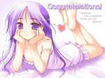  barefoot blush congratulations downblouse feet flat_chest game_cg happiness! heart ko~cha lying male_focus nipple_slip nipples on_stomach otoko_no_ko purple_eyes purple_hair smile solo strap_slip watarase_jun 