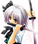  dual_wielding hair_ribbon holding katana konpaku_youmu lowres red_eyes ribbon solo sword tateha_(marvelous_grace) touhou weapon white_hair 